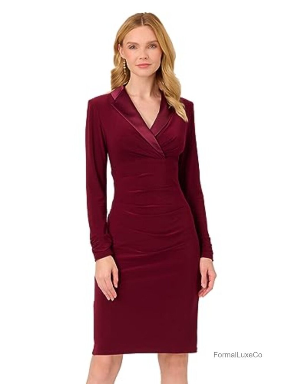 Stretch Jersey Tuxedo Cocktail Dress Shawl Collar Long Sleeve Formal